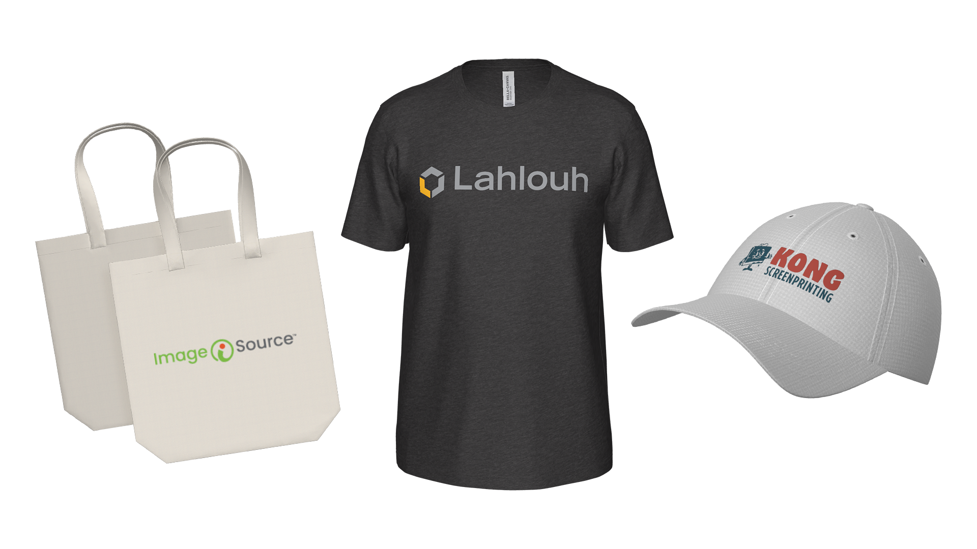 3D render of a tote, shirt, and baseball cap from Decorator