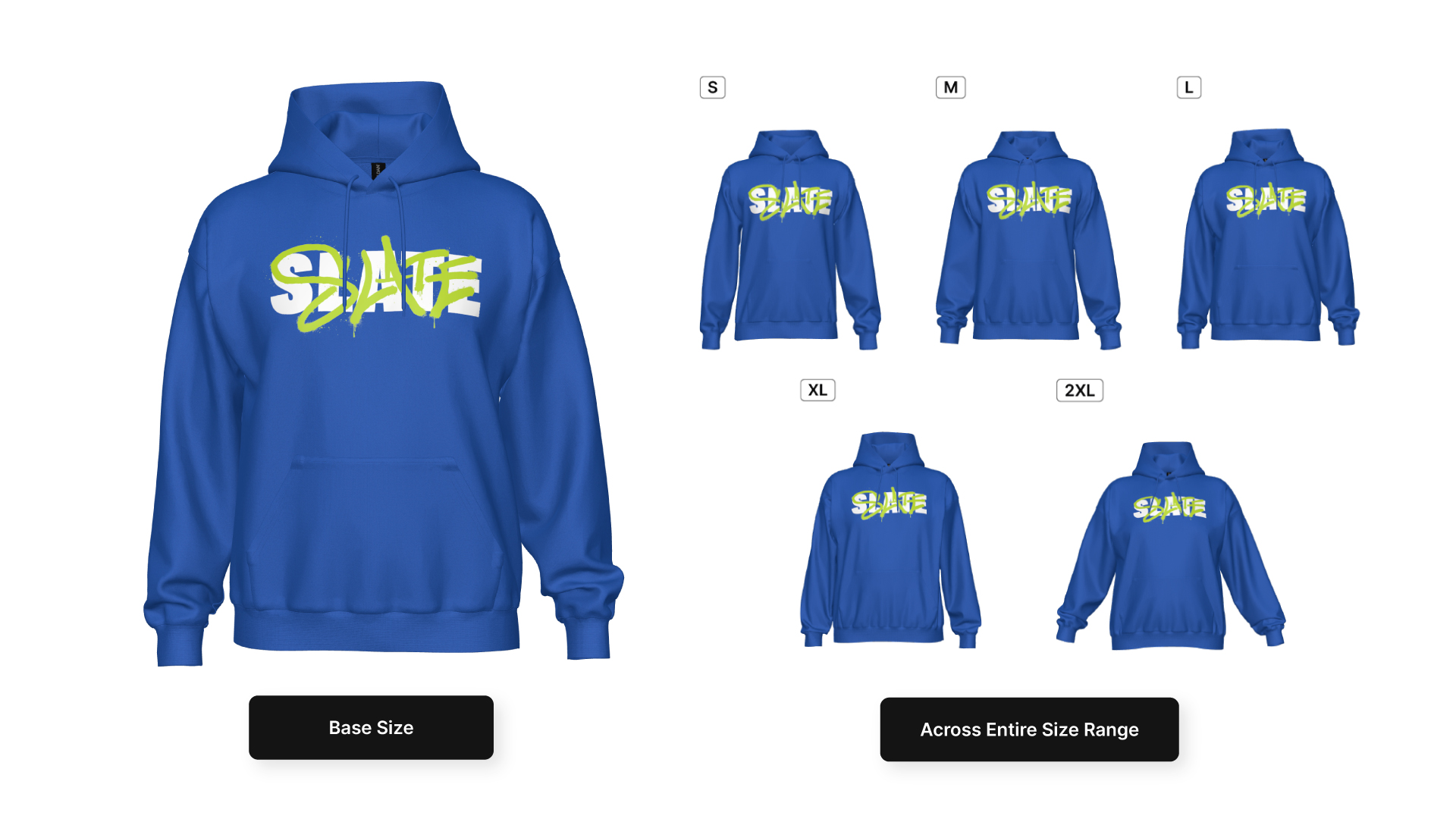 Decorated apparel size range preview